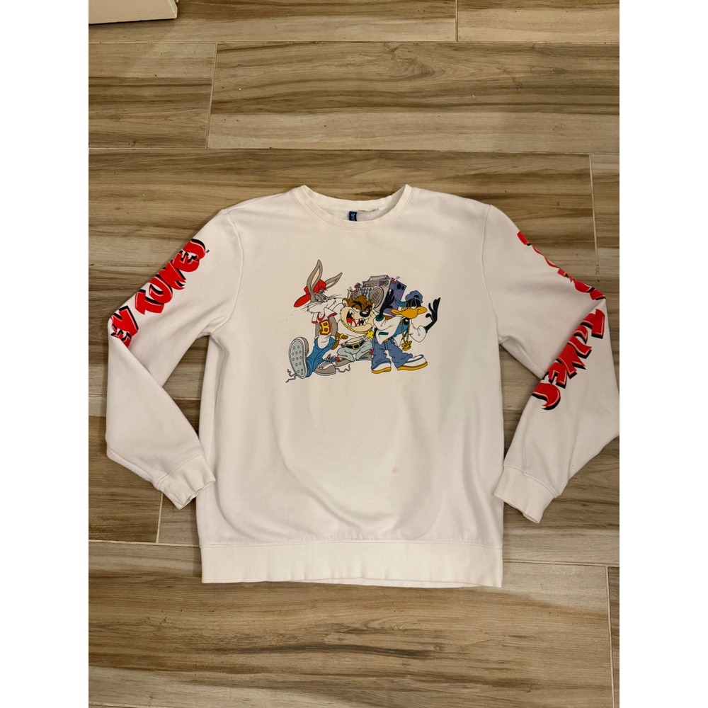 HM Divided Looney Tunes‎ Sweatshirt White Bugs Bunny Taz Daffy Duck Mens L